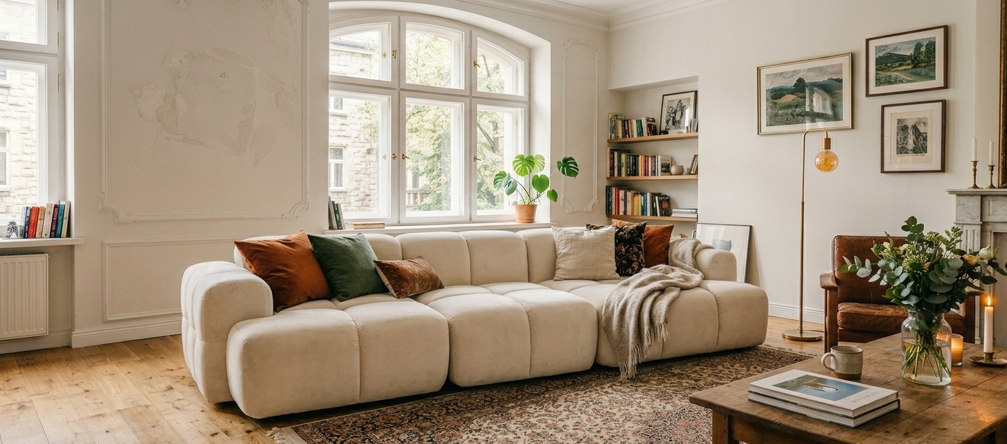 sofa modułowa Cloud w stylowym kamienicznym wnętrzu, wprowadza lekkość i nowoczesność